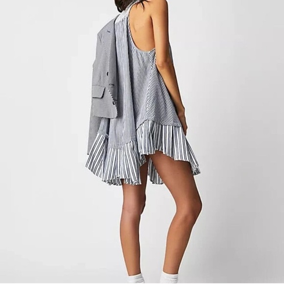 Free People Striped Ruffle Hem Mini Dress - Blue/White - Picture 3 of 12